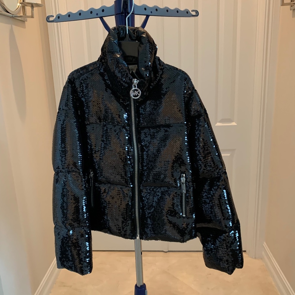 NWT Michael Kors Black Sequin Short Puffer Jacket sz XXS